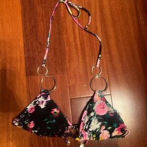 Steve Madden Black and Pink Floral Bikini Top